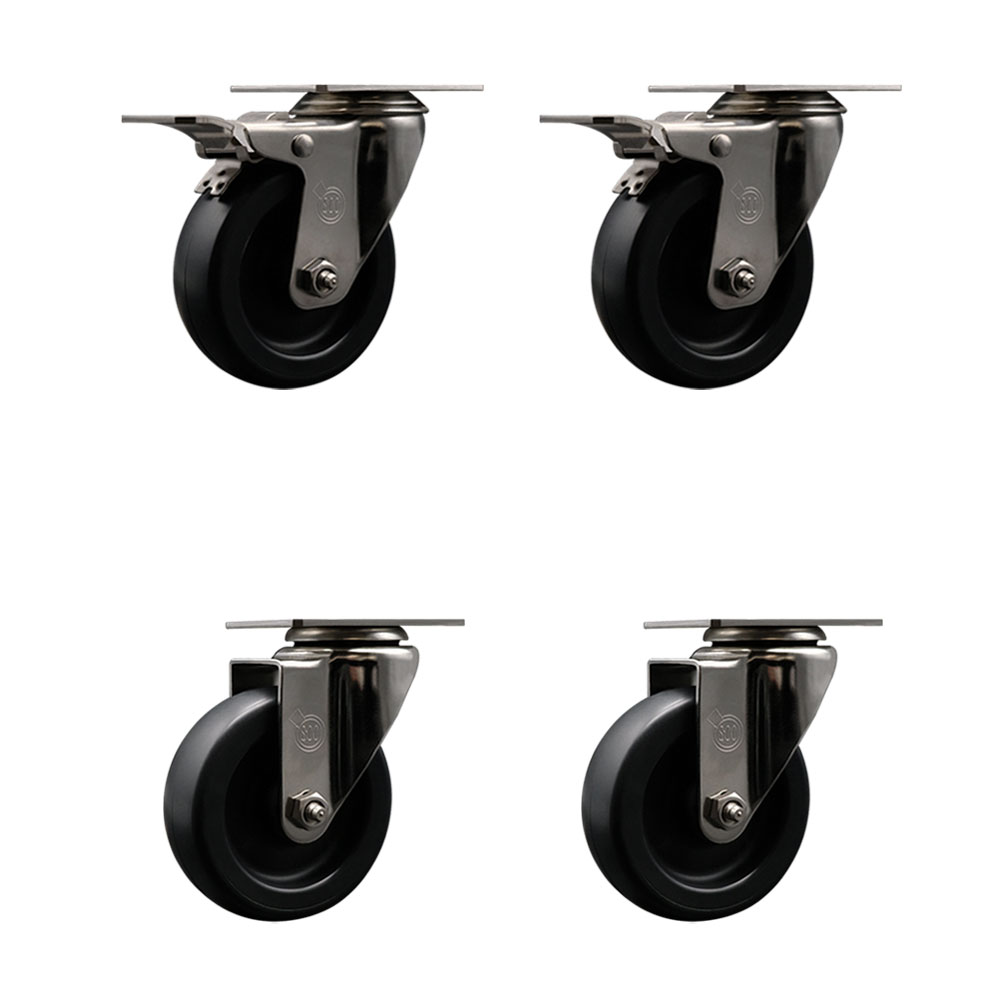 Stainless Steel Polyolefin Swivel Top Plate Caster Wheels Set of 4 with 4 Inch Black Wheels - Includes 2 Swivel with Total Lock Brakes and 2 Swivel - 1400 lbs. Total Capacity - Service Caster Brand — photo 1