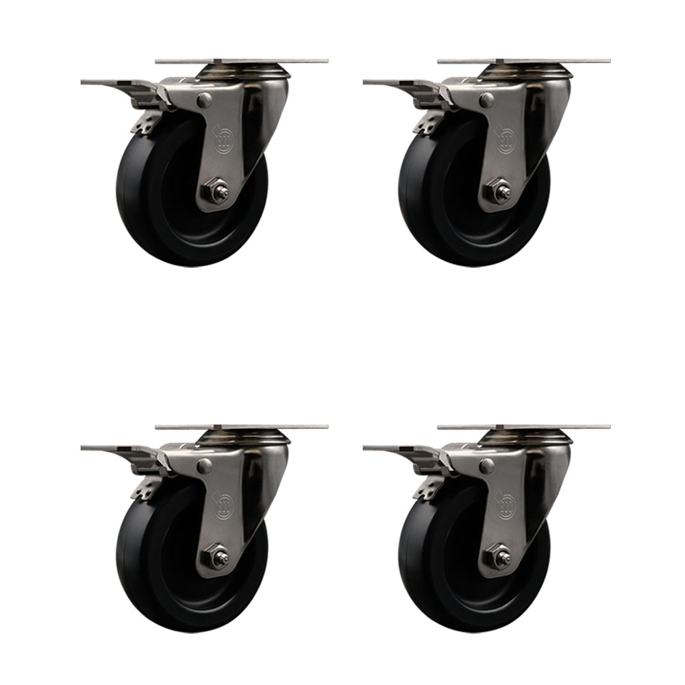 Stainless Steel Polyolefin Swivel Top Plate Caster Wheels Set of 4 with 4 Inch Black Wheels - Includes 4 Swivel with Total Lock Brakes - 1400 lbs. Total Capacity - Service Caster Brand — photo 1