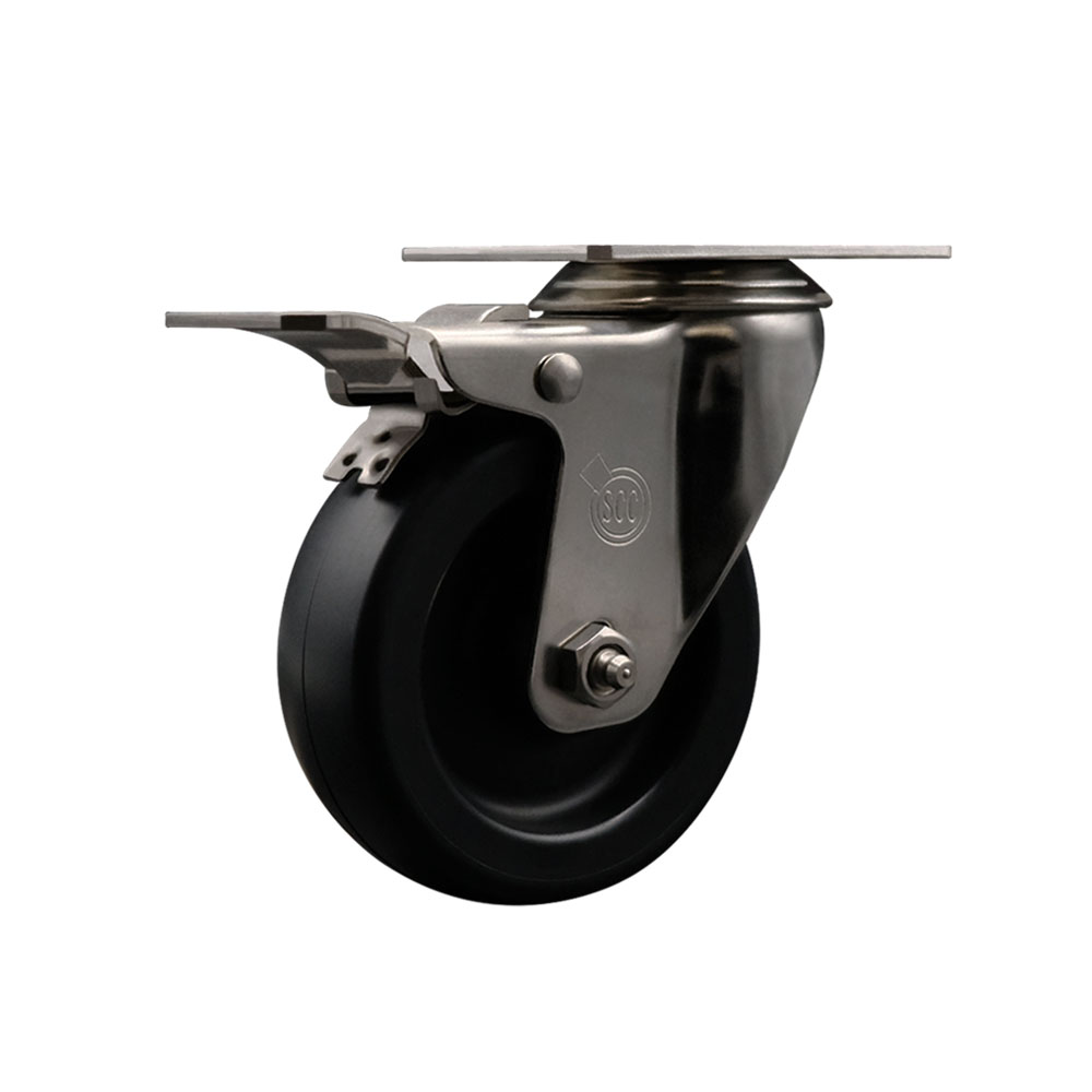 Stainless Steel Polyolefin Swivel Top Plate Caster Wheel with 4 Inch Black Wheel and Total Lock Brake - 350 lbs. Capacity/Caster - Service Caster Brand — photo 1