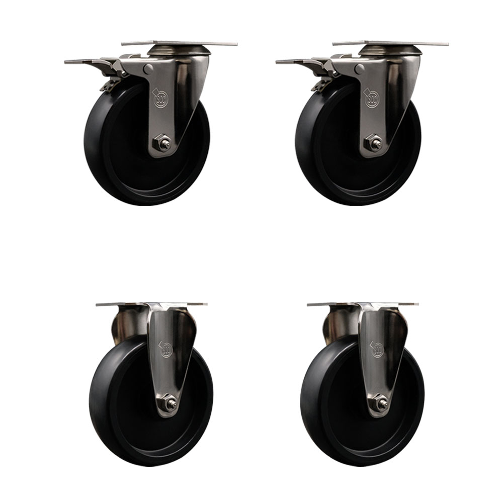 Stainless Steel Polyolefin Swivel Top Plate Caster Wheels Set of 4 with 5 Inch Black Wheels - Includes 2 Swivel with Total Lock Brakes and 2 Rigid - 1400 lbs. Total Capacity - Service Caster Brand — photo 1