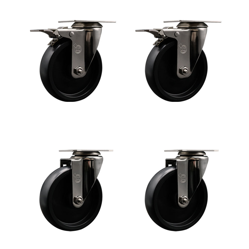 Stainless Steel Polyolefin Swivel Top Plate Caster Wheels Set of 4 with 5 Inch Black Wheels - Includes 2 Swivel with Total Lock Brakes and 2 Swivel - 1400 lbs. Total Capacity - Service Caster Brand — photo 1