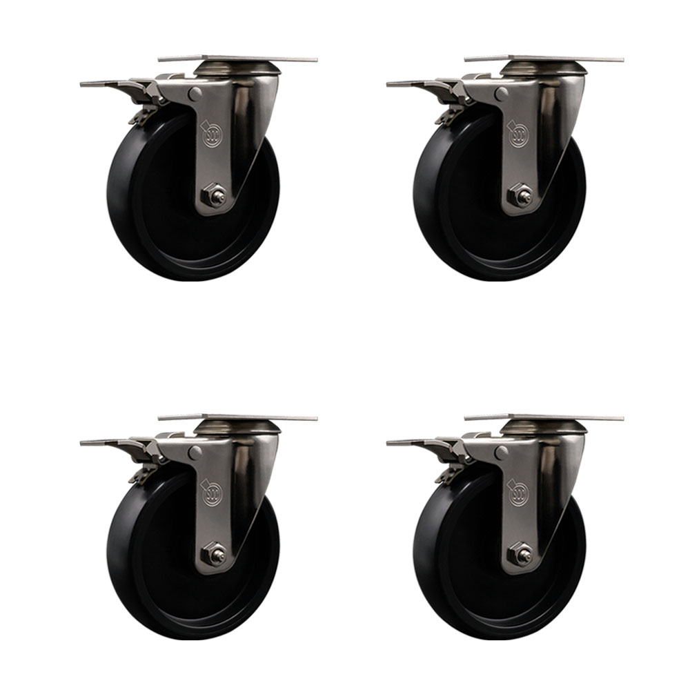 Stainless Steel Polyolefin Swivel Top Plate Caster Wheels Set of 4 with 5 Inch Black Wheels - Includes 4 Swivel with Total Lock Brakes - 1400 lbs. Total Capacity - Service Caster Brand — photo 1