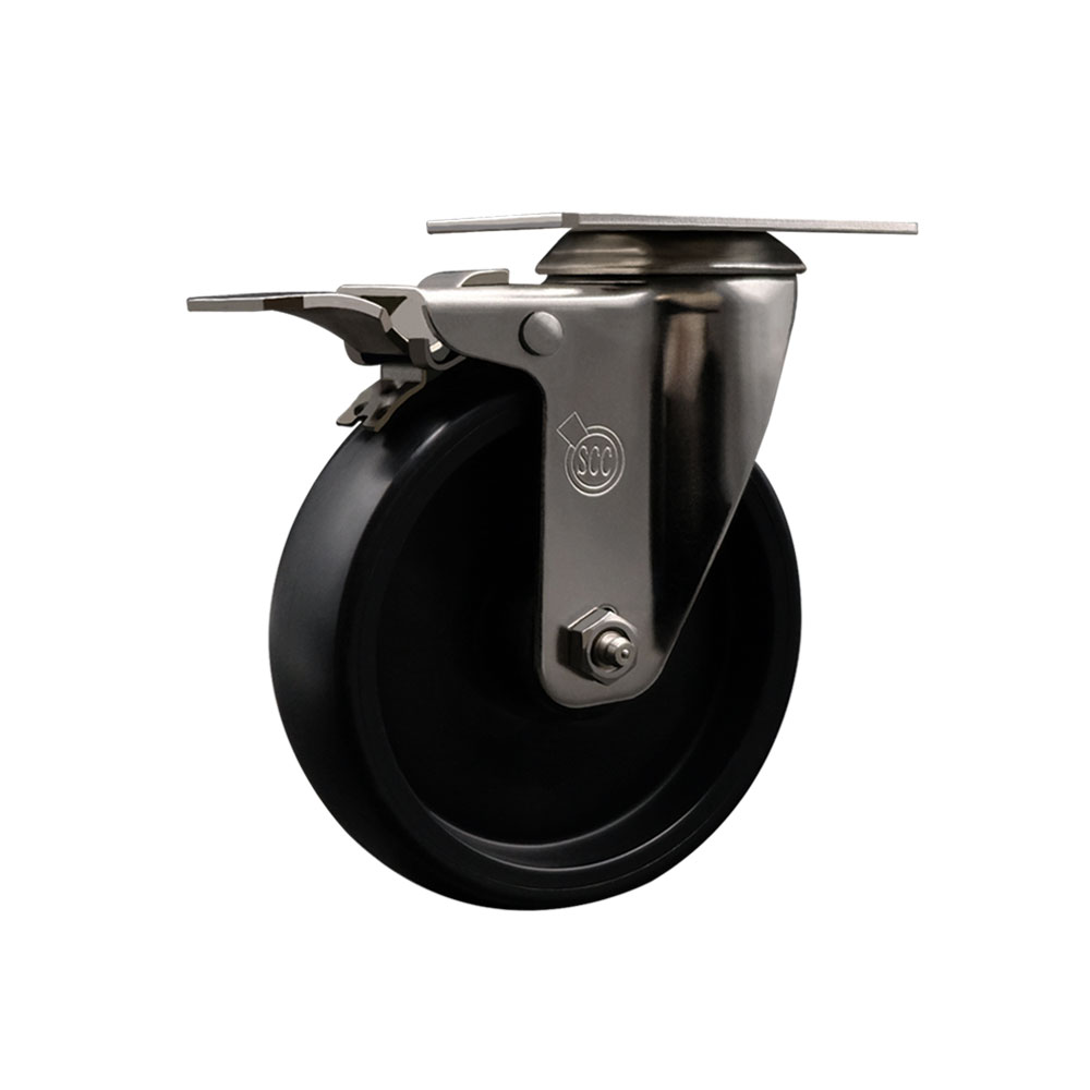 Stainless Steel Polyolefin Swivel Top Plate Caster Wheel with 5 Inch Black Wheel and Total Lock Brake - 350 lbs. Capacity/Caster - Service Caster Brand — photo 1