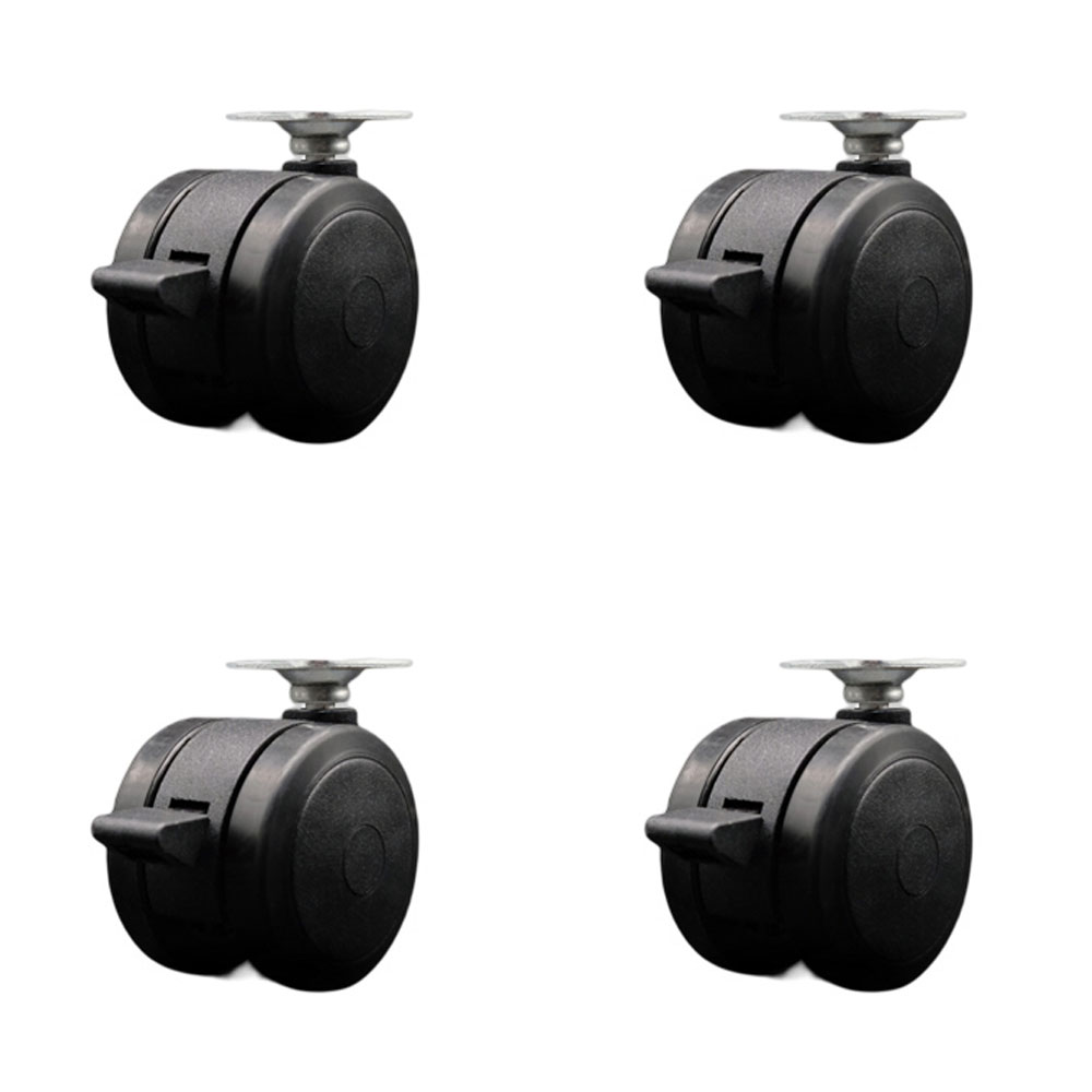 2 Inch Floor Safe Office Chair Wheels - Black Non-Marking Twin Wheels - 1-1/2 Inch by 1-1/2 Inch Overall Top Plate and Brakes - 300 lbs. Total Capacity - Set of 4 - Service Caster Brand — photo 1