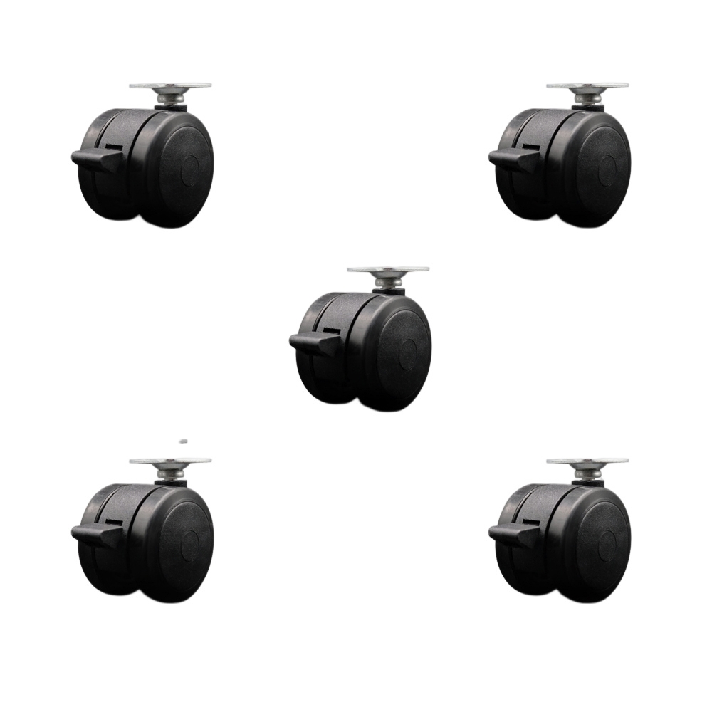 2 Inch Floor Safe Office Chair Wheels - Black Non-Marking Twin Wheels - 1-1/2 Inch by 1-1/2 Inch Overall Top Plate and Brakes - 375 lbs. Total Capacity - Set of 5 - Service Caster Brand — photo 1