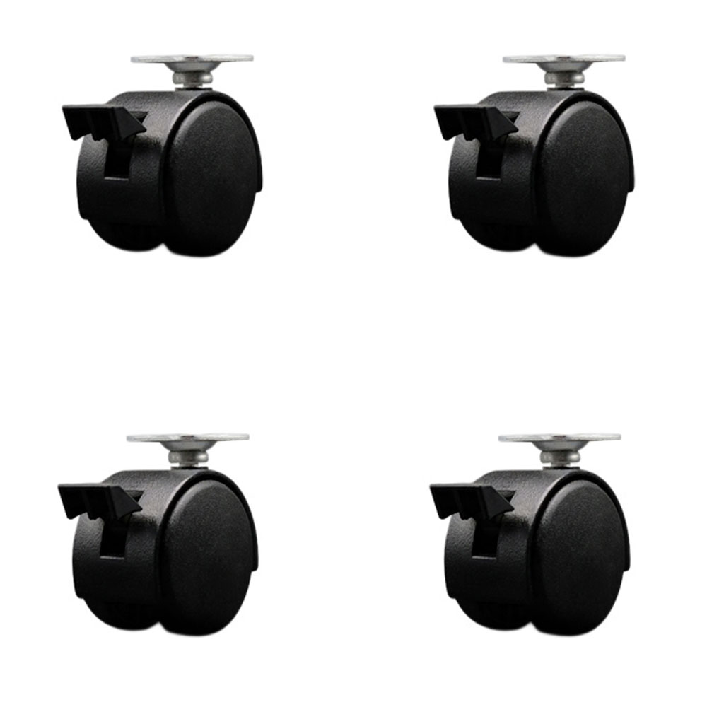 2 Inch Swivel Caster Wheels For Furniture-Nylon Flat Black Metal Hooded Twin Wheel and Brake-1-1/2 Inch by 1-1/2 Inch Overall Top Plate-Casters for Coffee Tables&Ottomans-Set of 4-Service Caster Brand — photo 1