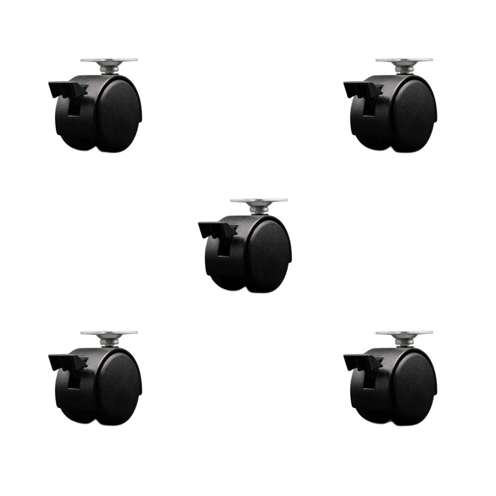 2 Inch Swivel Caster Wheels For Furniture-Nylon Flat Black Metal Hooded Twin Wheel and Brake-1-1/2 Inch by 1-1/2 Inch Overall Top Plate-Casters for Coffee Tables&Ottomans-Set of 5-Service Caster Brand — photo 1