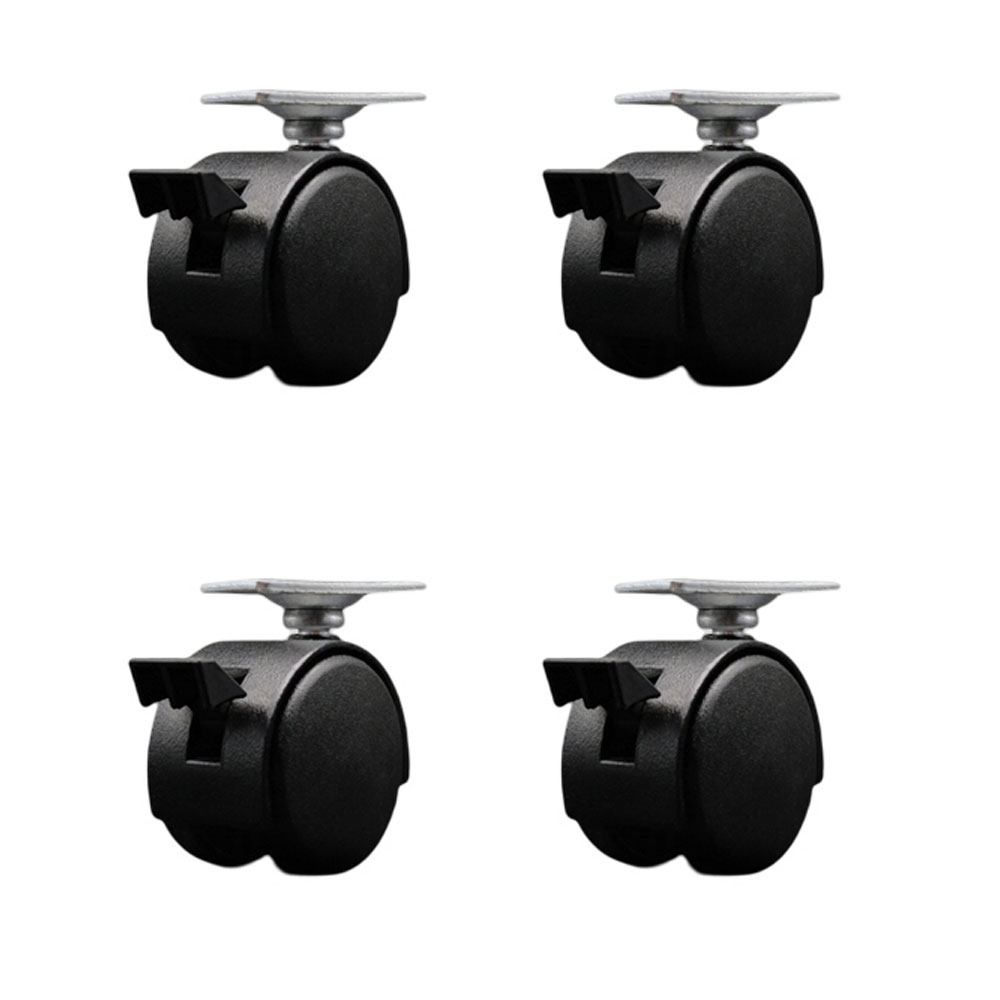 2 Inch Swivel Caster Wheels For Furniture-Nylon Flat Black Metal Hooded Twin Wheel and Brake-1-3/16 Inch by 2 Inch Overall Top Plate-Casters for Coffee Tables and Ottoman-Set of 4-Service Caster Brand — photo 1