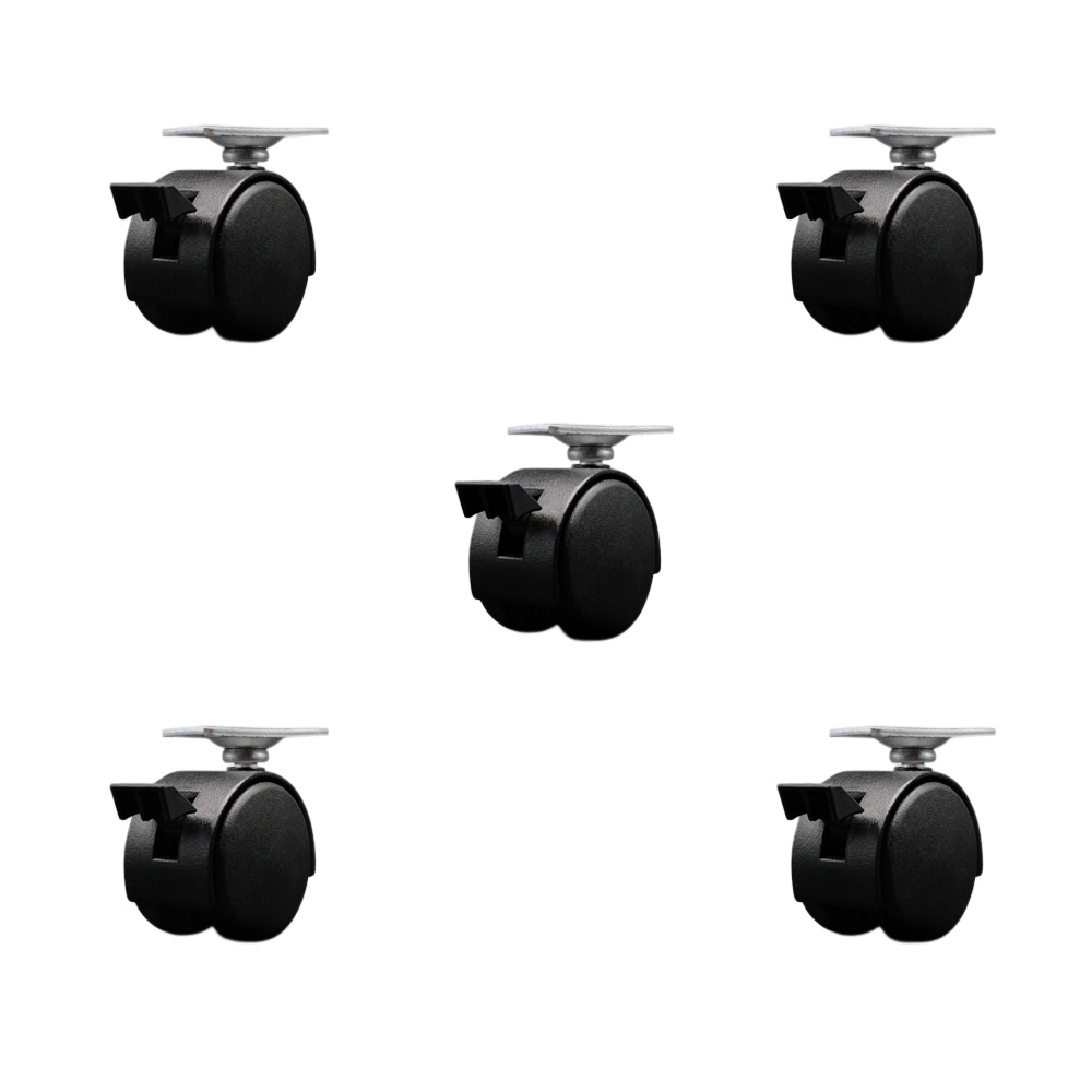 2 Inch Swivel Caster Wheels For Furniture-Nylon Flat Black Metal Hooded Twin Wheel and Brake-1-3/16 Inch by 2 Inch Overall Top Plate-Casters for Coffee Tables and Ottoman-Set of 5-Service Caster Brand — photo 1