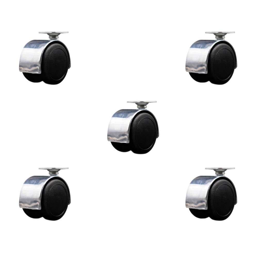 2 Inch Floor Safe Office Chair Wheels – Bright Chrome Metal Hooded Twin Wheel – 1-1/2 Inch by 1-1/2 Inch Overall Top Plate – 375 lbs. Total Capacity – Set of 5 – Service Caster Brand — photo 1