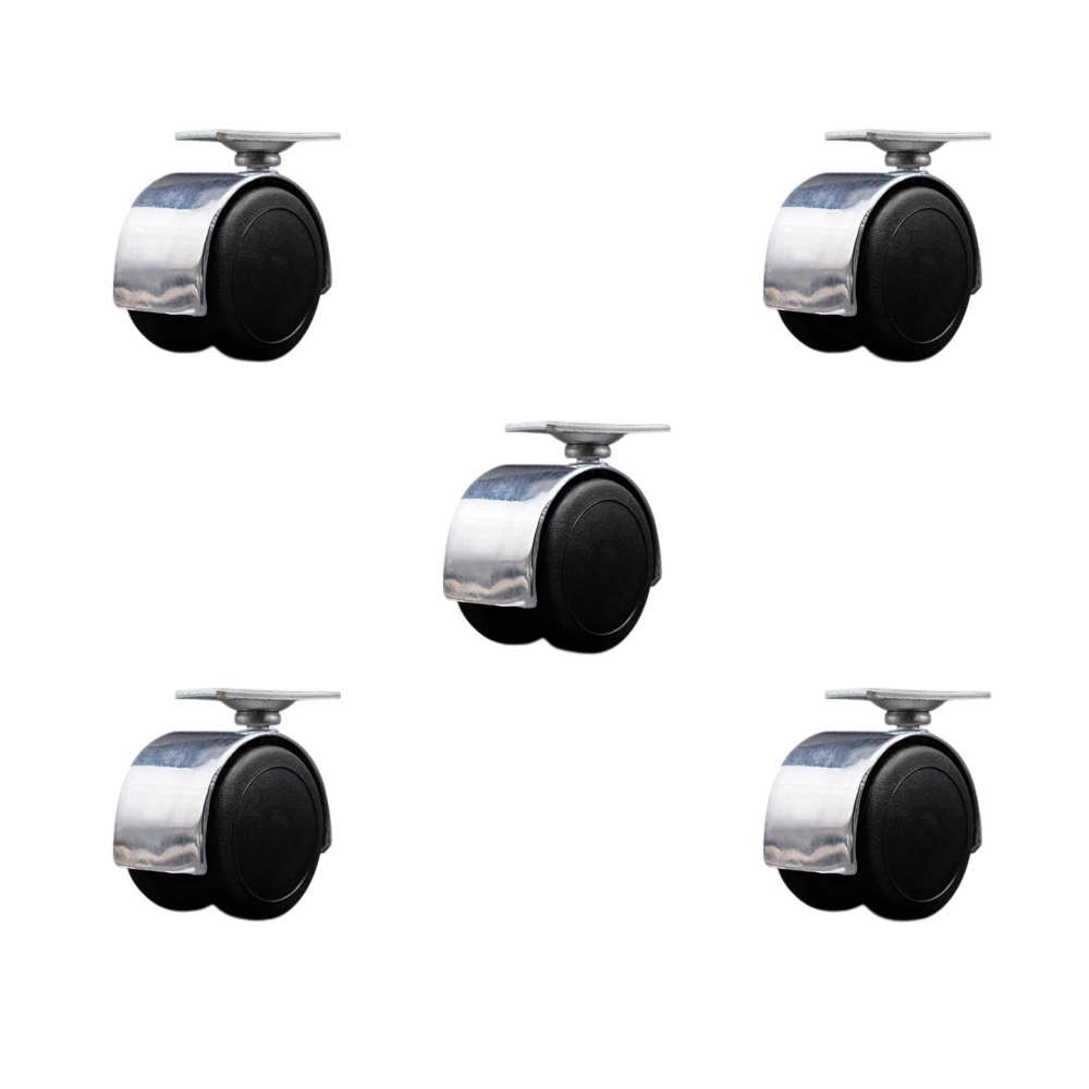 2 Inch Floor Safe Office Chair Wheels – Bright Chrome Metal Hooded Twin Wheel – 1-3/16 Inch by 2 Inch Overall Top Plate – 375 lbs. Total Capacity – Set of 5 – Service Caster Brand — photo 1