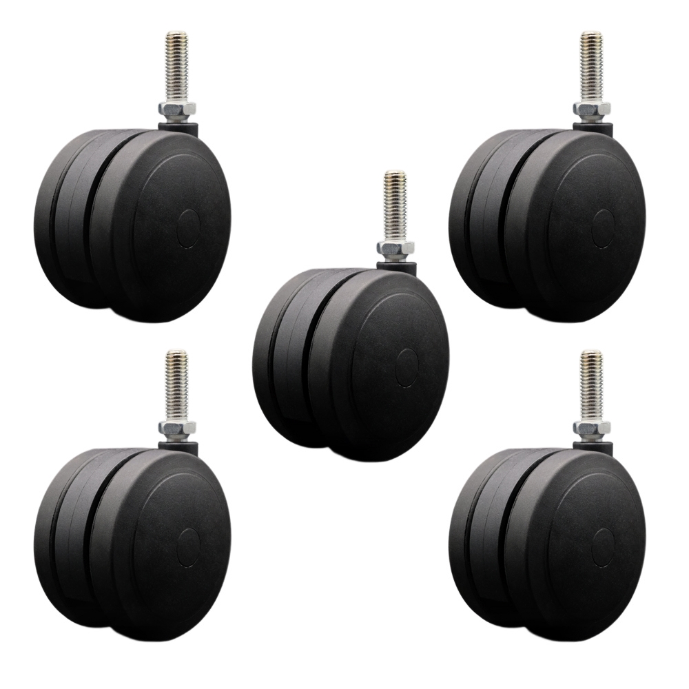 4 Inch Extra Large Heavy Duty Floor Safe Office Chair Wheels - Black Non-Marking Twin Wheels - 1/2" - 13 TPI x 1-1/2" Threaded Stems - 1,125 lbs. Total Capacity - Set of 5 - Service Caster Brand — photo 1