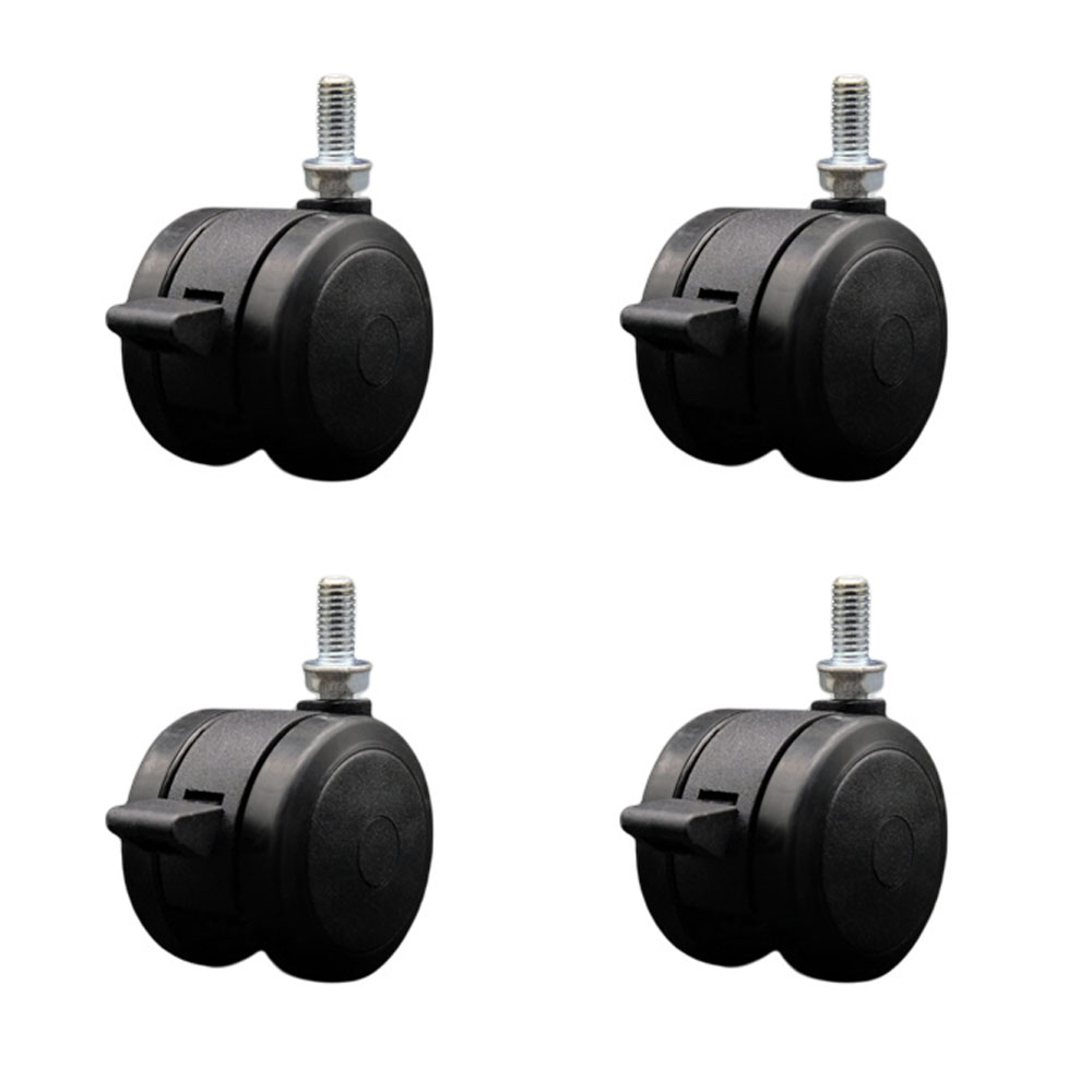 2 Inch Floor Safe Office Chair Wheels - Black Non-Marking Thermoplastic Rubber Twin Wheels - 3/8" - 16 TPI x 3/4" Threaded Stems and Brakes - 300 lbs. Total Capacity - Set of 4 - Service Caster Brand — photo 1