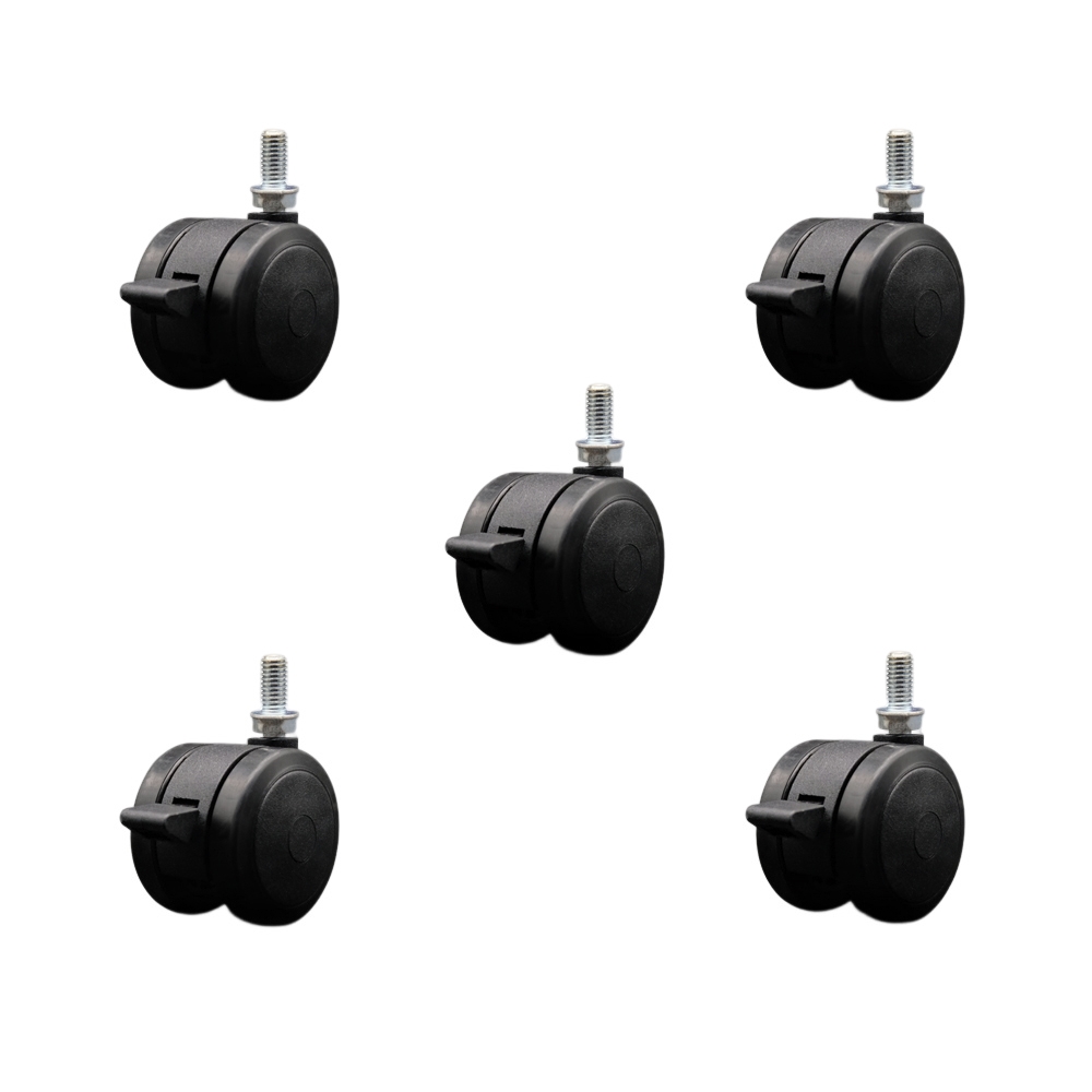 2 Inch Floor Safe Office Chair Wheels - Black Non-Marking Thermoplastic Rubber Twin Wheels - 3/8" - 16 TPI x 3/4" Threaded Stems and Brakes - 375 lbs. Total Capacity - Set of 5 - Service Caster Brand — photo 1