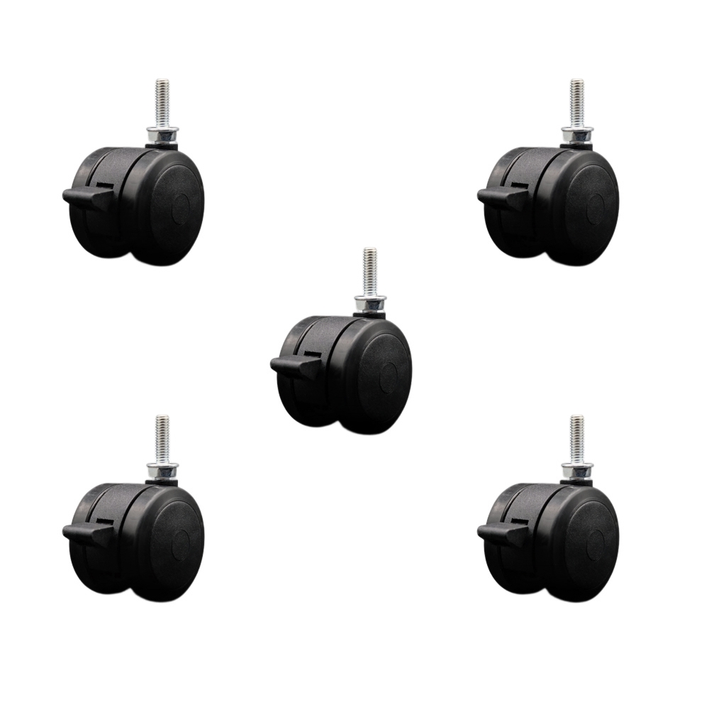 2 Inch Floor Safe Office Chair Wheels - Black Non-Marking Thermoplastic Rubber Twin Wheels - 5/16" - 18 TPI x 1" Threaded Stems and Brakes - 375 lbs. Total Capacity - Set of 5 - Service Caster Brand — photo 1