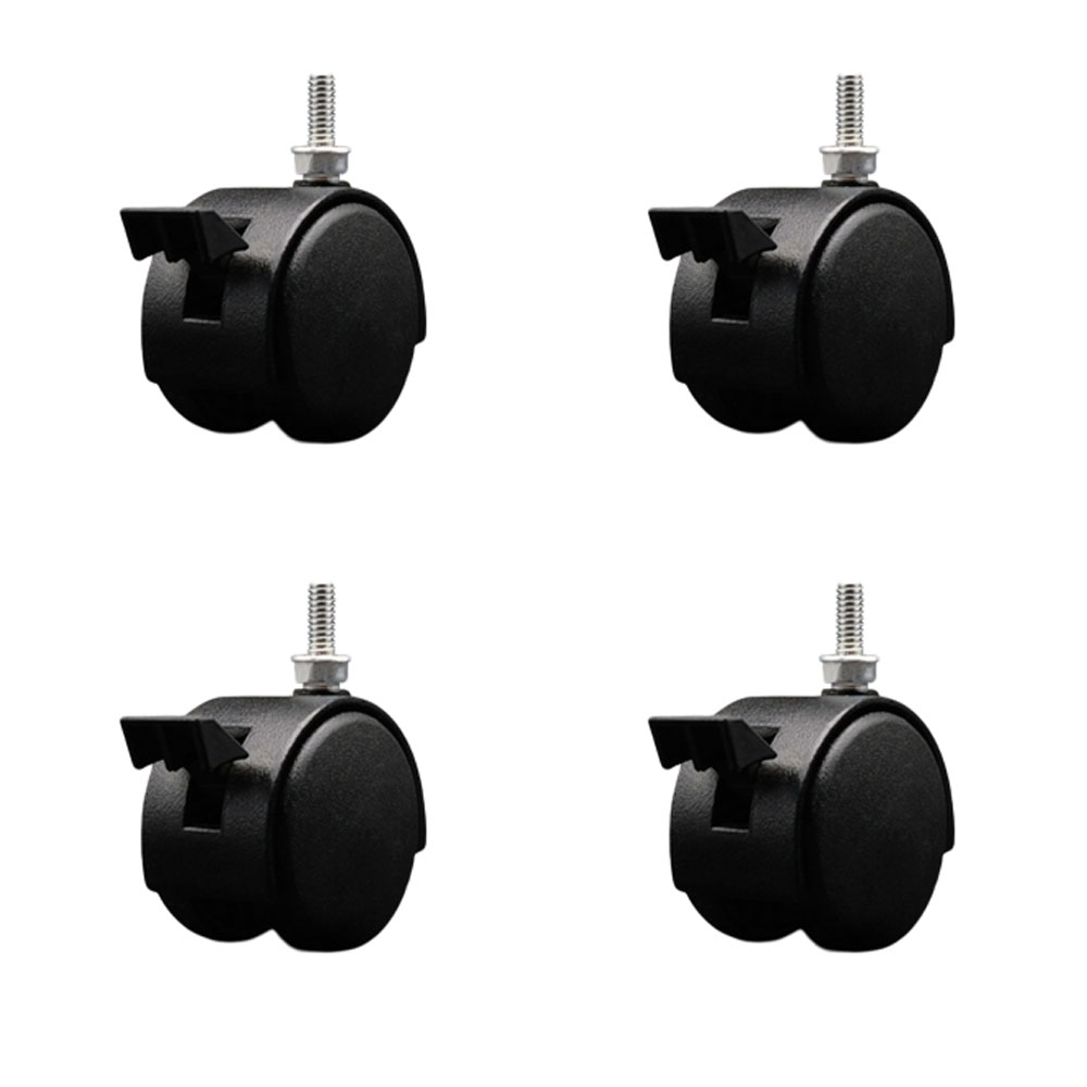 2 Inch Office Chair Wheels – Flat Black Metal Hooded Twin Wheel – 1/4 Inch - 20 TPI by 5/8 Inch Threaded Stems and Brakes – 300 lbs. Total Capacity – Set of 4 – Service Caster Brand — photo 1