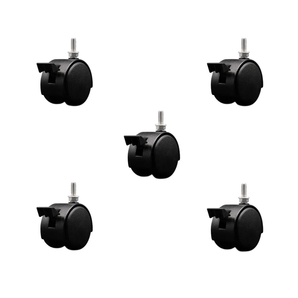 2 Inch Office Chair Wheels – Flat Black Metal Hooded Twin Wheel – 1/4 Inch - 20 TPI by 5/8 Inch Threaded Stems and Brakes – 375 lbs. Total Capacity – Set of 5 – Service Caster Brand — photo 1