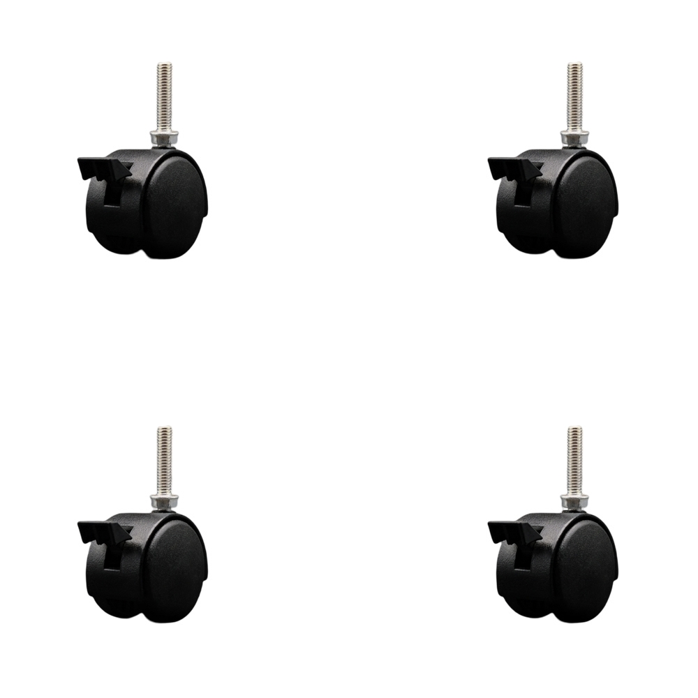 2 Inch Office Chair Wheels – Flat Black Metal Hooded Twin Wheel – 3/8 Inch - 16 TPI by 1-1/2 Inch Threaded Stems and Brakes – 300 lbs. Total Capacity – Set of 4 – Service Caster Brand — photo 1