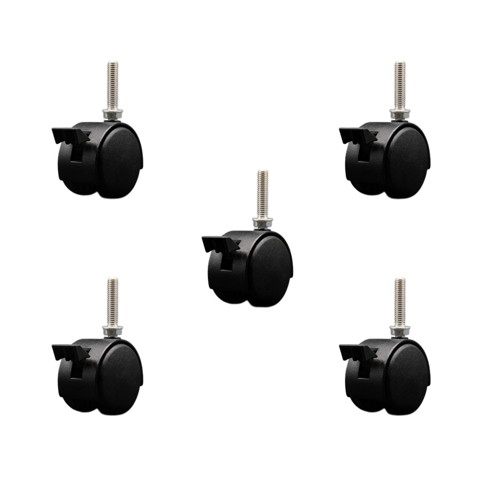 2 Inch Office Chair Wheels – Flat Black Metal Hooded Twin Wheel – 3/8 Inch - 16 TPI by 1-1/2 Inch Threaded Stems and Brakes – 375 lbs. Total Capacity – Set of 5 – Service Caster Brand — photo 1