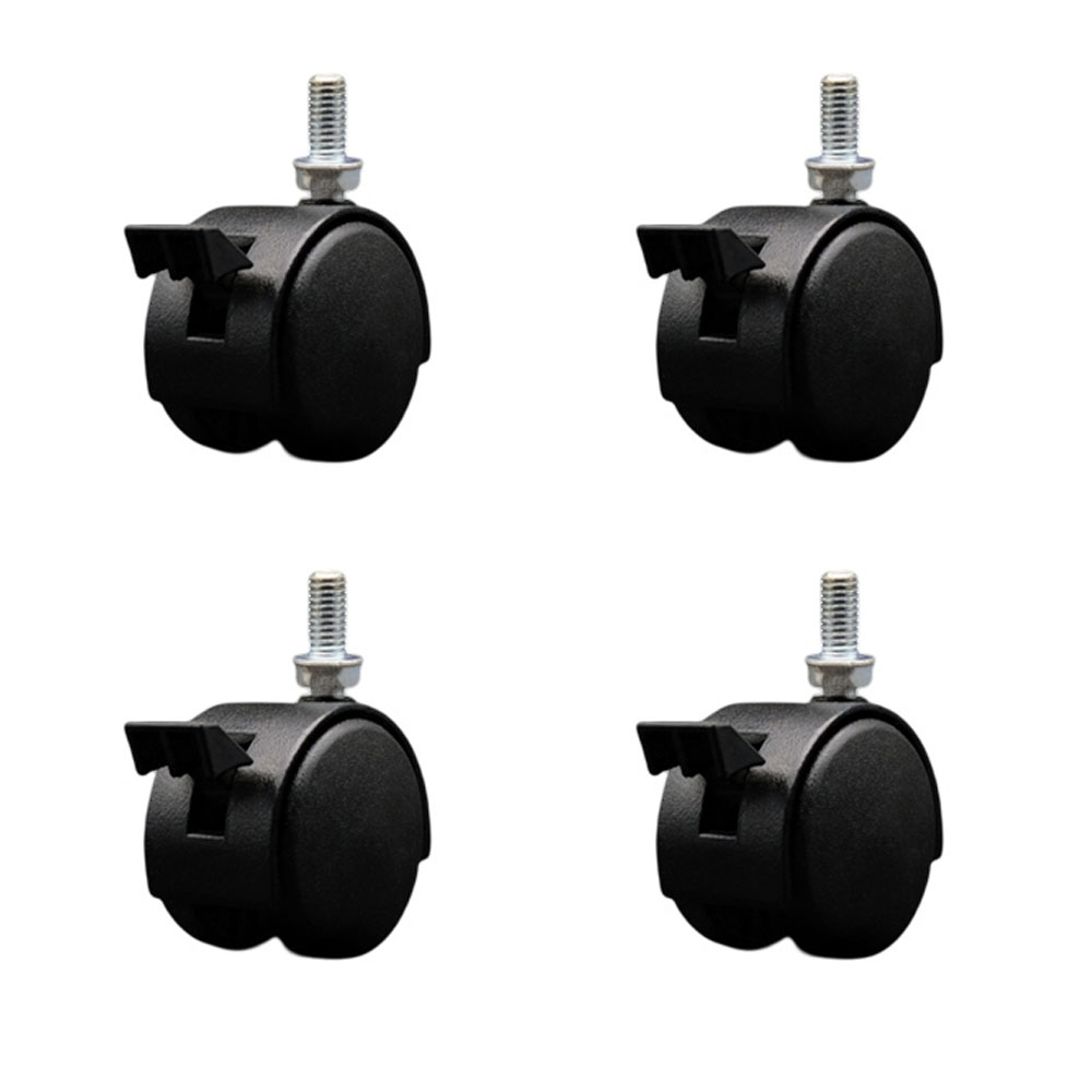 2 Inch Office Chair Wheels – Flat Black Metal Hooded Twin Wheel – 3/8 Inch - 16 TPI by 3/4 Inch Threaded Stems and Brakes – 300 lbs. Total Capacity – Set of 4 – Service Caster Brand — photo 1