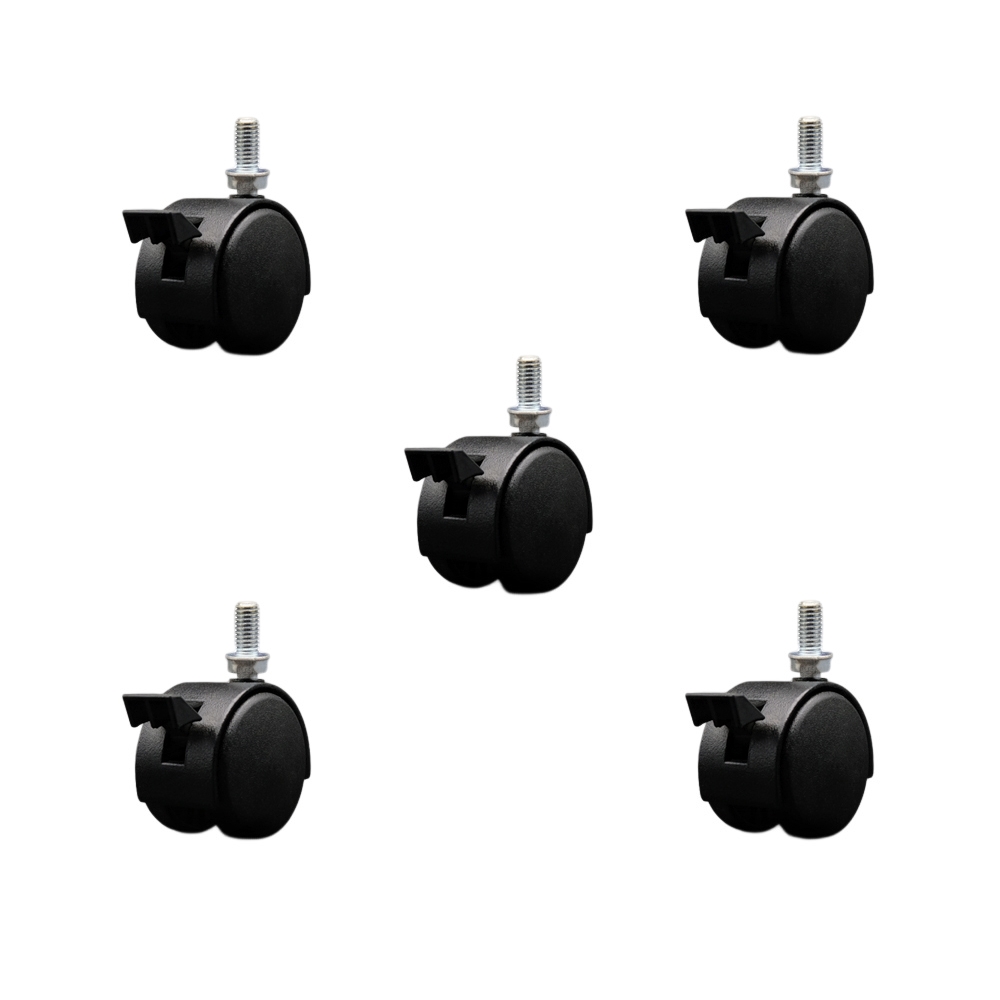 2 Inch Office Chair Wheels – Flat Black Metal Hooded Twin Wheel – 3/8 Inch - 16 TPI by 3/4 Inch Threaded Stems and Brakes – 375 lbs. Total Capacity – Set of 5 – Service Caster Brand — photo 1