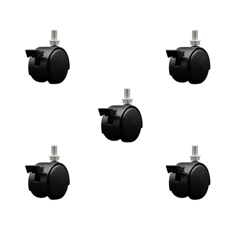 2 Inch Office Chair Wheels – Flat Black Metal Hooded Twin Wheel – 3/8 Inch - 24 TPI by 5/8 Inch Threaded Stems and Brakes – 375 lbs. Total Capacity – Set of 5 – Service Caster Brand — photo 1