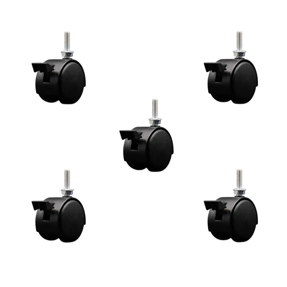 2 Inch Office Chair Wheels – Flat Black Metal Hooded Twin Wheel – 5/16 Inch - 18 TPI by 1 Inch Threaded Stems and Brakes – 375 lbs. Total Capacity – Set of 5 – Service Caster Brand — photo 1