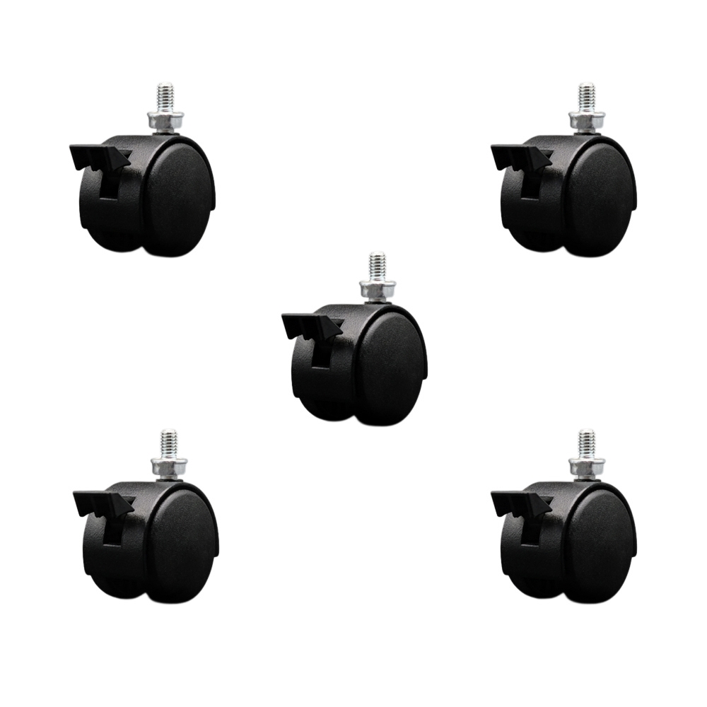 2 Inch Office Chair Wheels – Flat Black Metal Hooded Twin Wheel – 5/16 Inch - 18 TPI by 1/2 Inch Threaded Stems and Brakes – 375 lbs. Total Capacity – Set of 5 – Service Caster Brand — photo 1