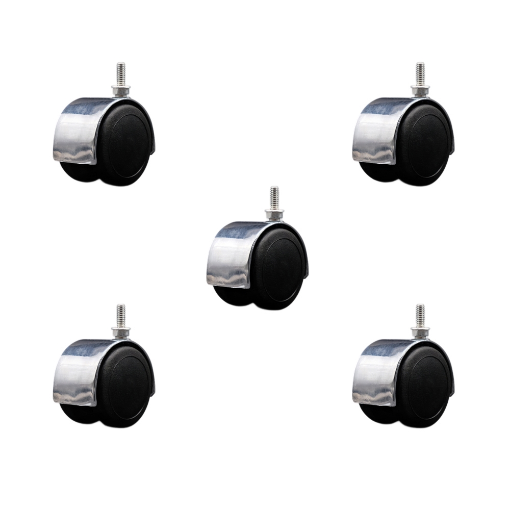 2 Inch Floor Safe Office Chair Wheels – Bright Chrome Metal Hooded Twin Wheel – 1/4" - 20 TPI x 5/8" Threaded Stems – 375 lbs. Total Capacity – Set of 5 – Service Caster Brand — photo 1
