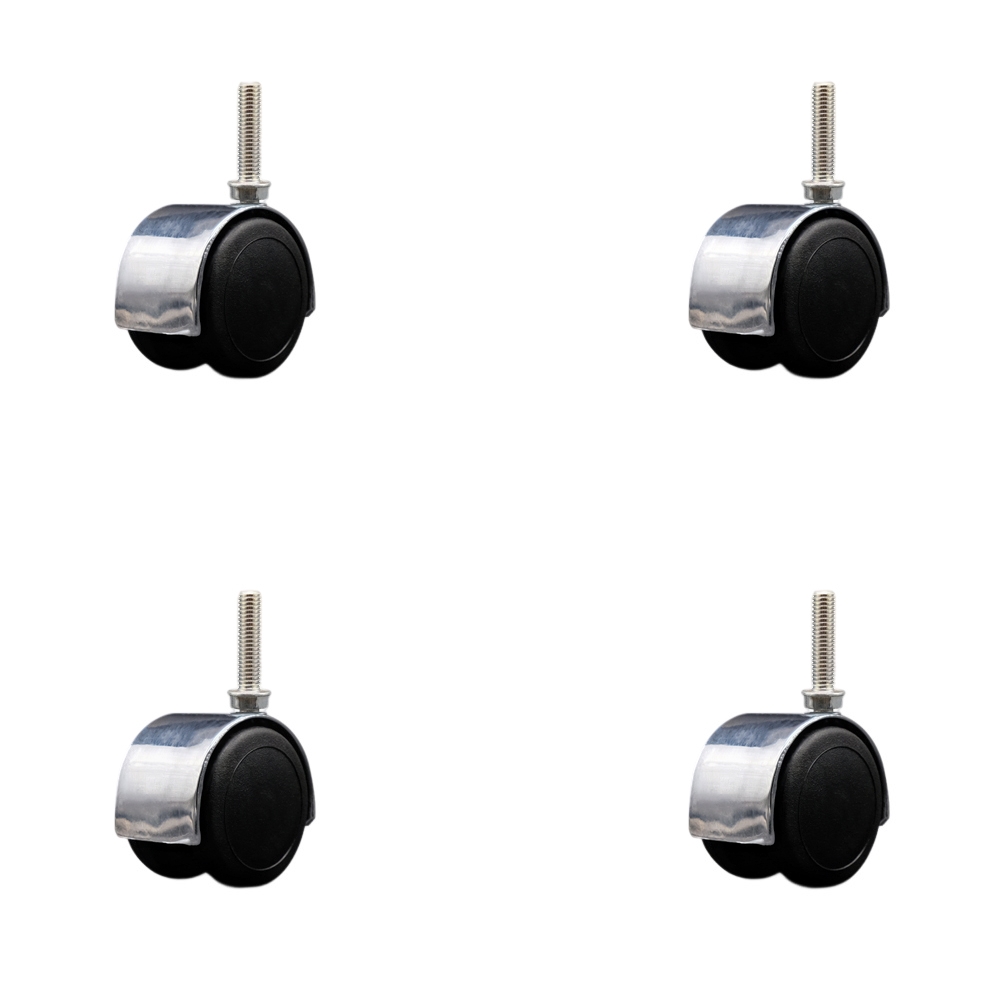 2 Inch Floor Safe Office Chair Wheels – Bright Chrome Metal Hooded Twin Wheel – 3/8" - 16 TPI x 1-1/2" Threaded Stems – 300 lbs. Total Capacity – Set of 4 – Service Caster Brand — photo 1
