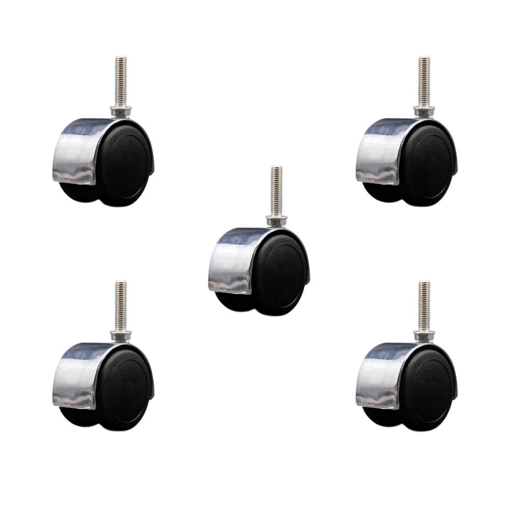 2 Inch Floor Safe Office Chair Wheels – Bright Chrome Metal Hooded Twin Wheel – 3/8" - 16 TPI x 1-1/2" Threaded Stems – 375 lbs. Total Capacity – Set of 5 – Service Caster Brand — photo 1