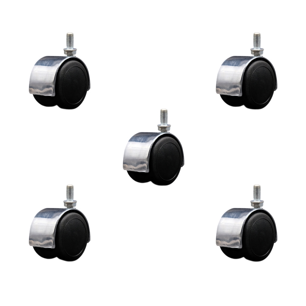 2 Inch Floor Safe Office Chair Wheels – Bright Chrome Metal Hooded Twin Wheel – 3/8" - 16 TPI x 3/4" Threaded Stems – 375 lbs. Total Capacity – Set of 5 – Service Caster Brand — photo 1