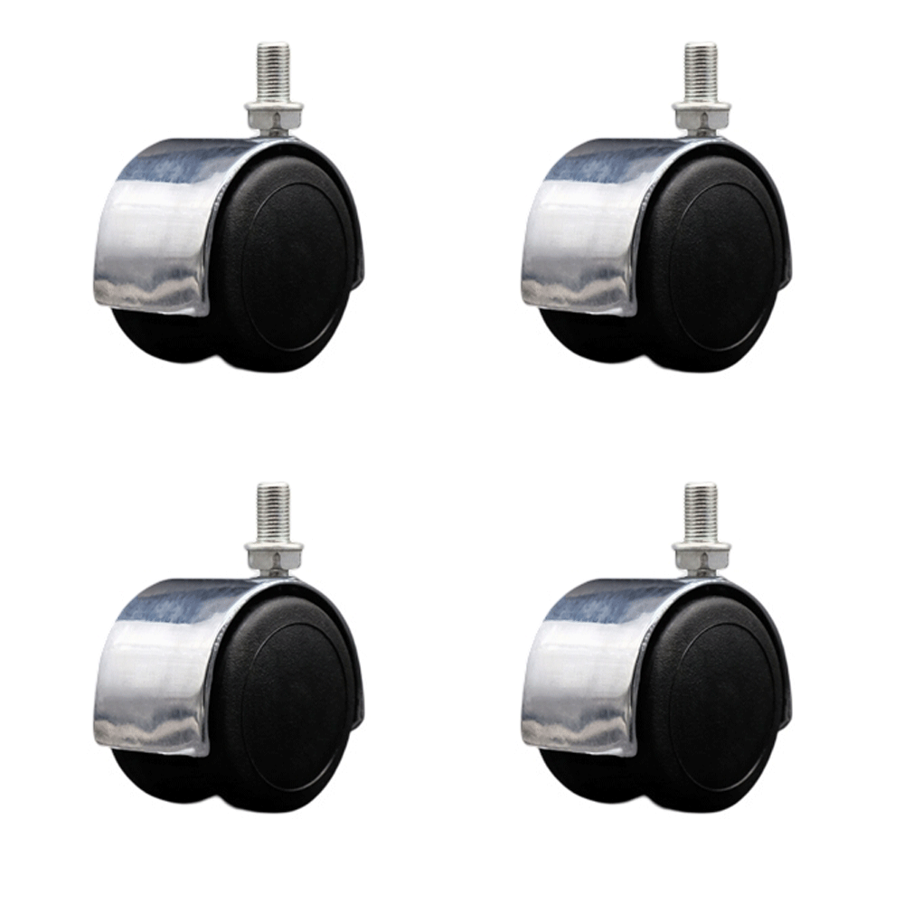 2 Inch Floor Safe Office Chair Wheels – Bright Chrome Metal Hooded Twin Wheel – 3/8" - 24 TPI x 5/8" Threaded Stems – 300 lbs. Total Capacity – Set of 4 – Service Caster Brand — photo 1