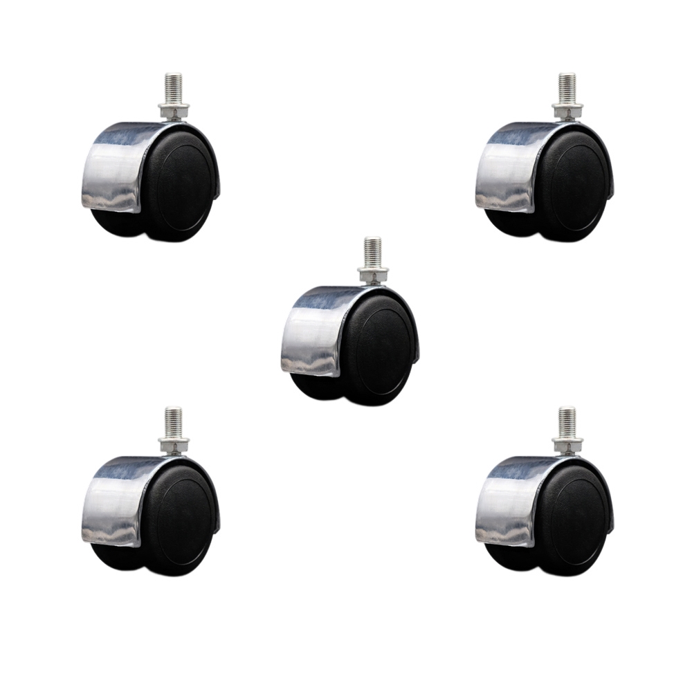 2 Inch Floor Safe Office Chair Wheels – Bright Chrome Metal Hooded Twin Wheel – 3/8" - 24 TPI x 5/8" Threaded Stems – 375 lbs. Total Capacity – Set of 5 – Service Caster Brand — photo 1