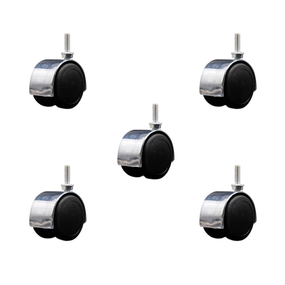 2 Inch Floor Safe Office Chair Wheels – Bright Chrome Metal Hooded Twin Wheel – 5/16" - 18 TPI x 1" Threaded Stems – 375 lbs. Total Capacity – Set of 5 – Service Caster Brand — photo 1