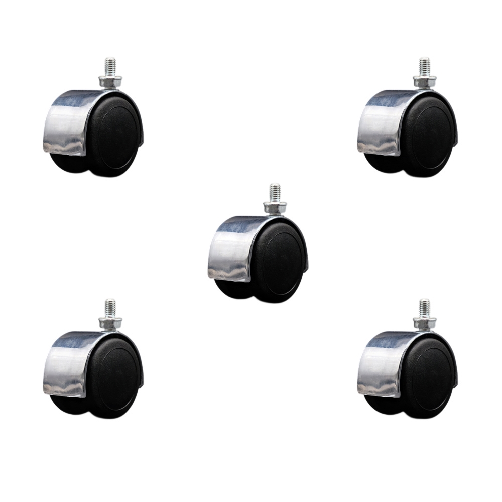2 Inch Floor Safe Office Chair Wheels – Bright Chrome Metal Hooded Twin Wheel – 5/16" - 18 TPI x 1/2" Threaded Stems – 375 lbs. Total Capacity – Set of 5 – Service Caster Brand — photo 1