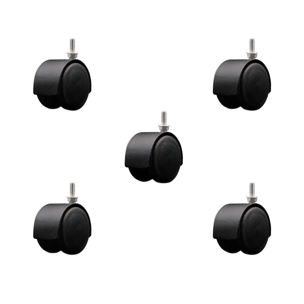 2 Inch Floor Safe Office Chair Wheels – Flat Black Metal Hooded Twin Wheel – 1/4" - 20 TPI x 5/8" Threaded Stems – 375 lbs. Total Capacity – Set of 5 – Service Caster Brand — photo 1