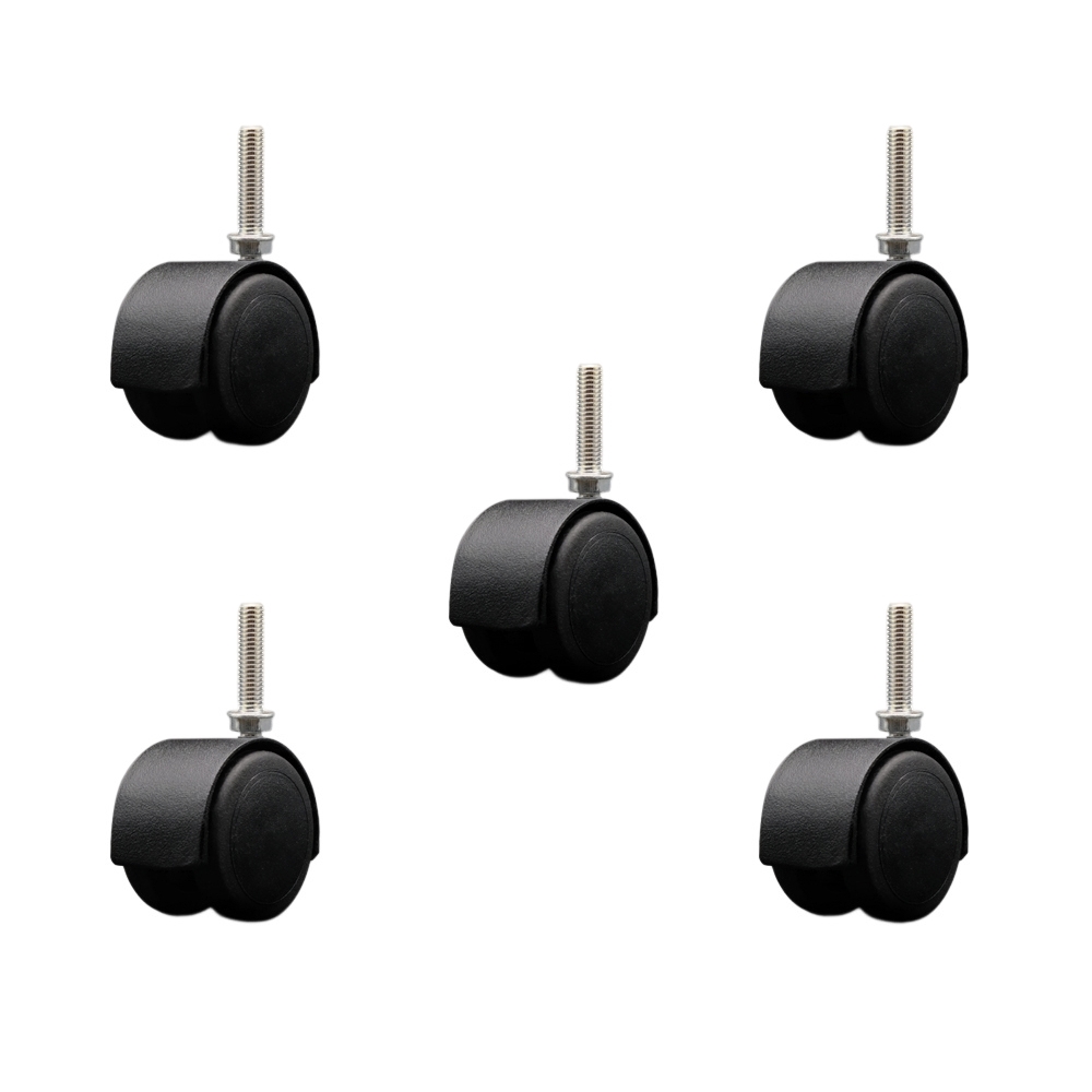 2 Inch Floor Safe Office Chair Wheels – Flat Black Metal Hooded Twin Wheel – 3/8" - 16 TPI x 1-1/2" Threaded Stems – 375 lbs. Total Capacity – Set of 5 – Service Caster Brand — photo 1