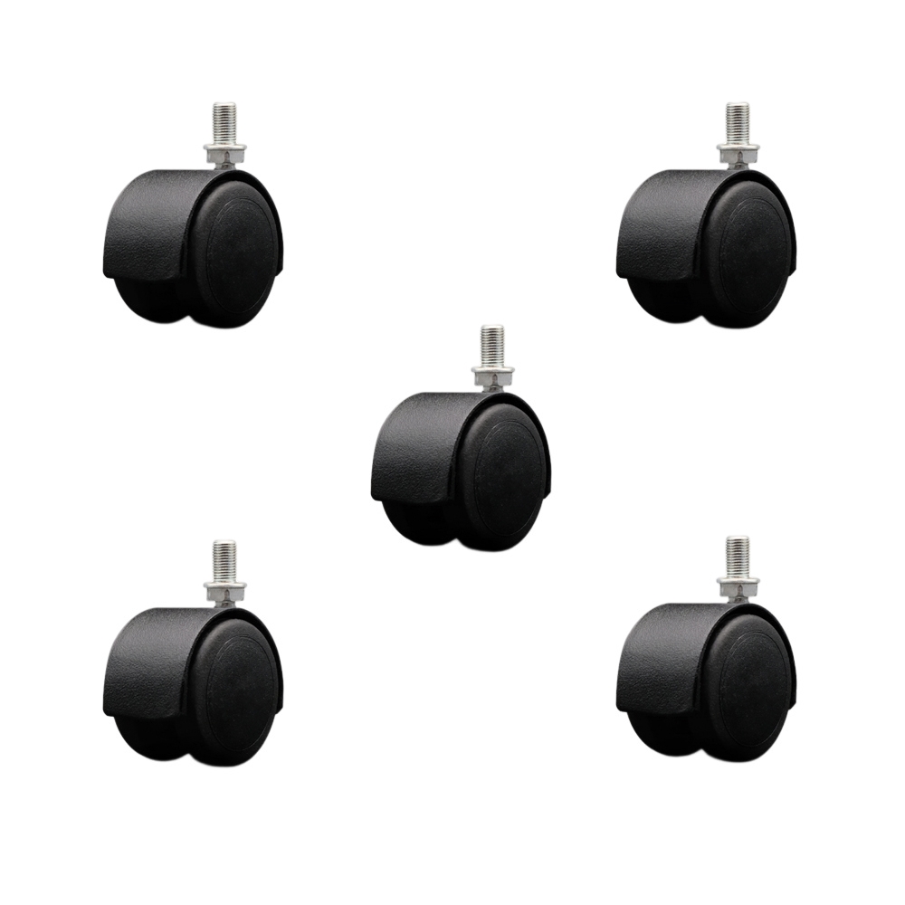 2 Inch Floor Safe Office Chair Wheels – Flat Black Metal Hooded Twin Wheel – 3/8" - 24 TPI x 5/8" Threaded Stems – 375 lbs. Total Capacity – Set of 5 – Service Caster Brand — photo 1