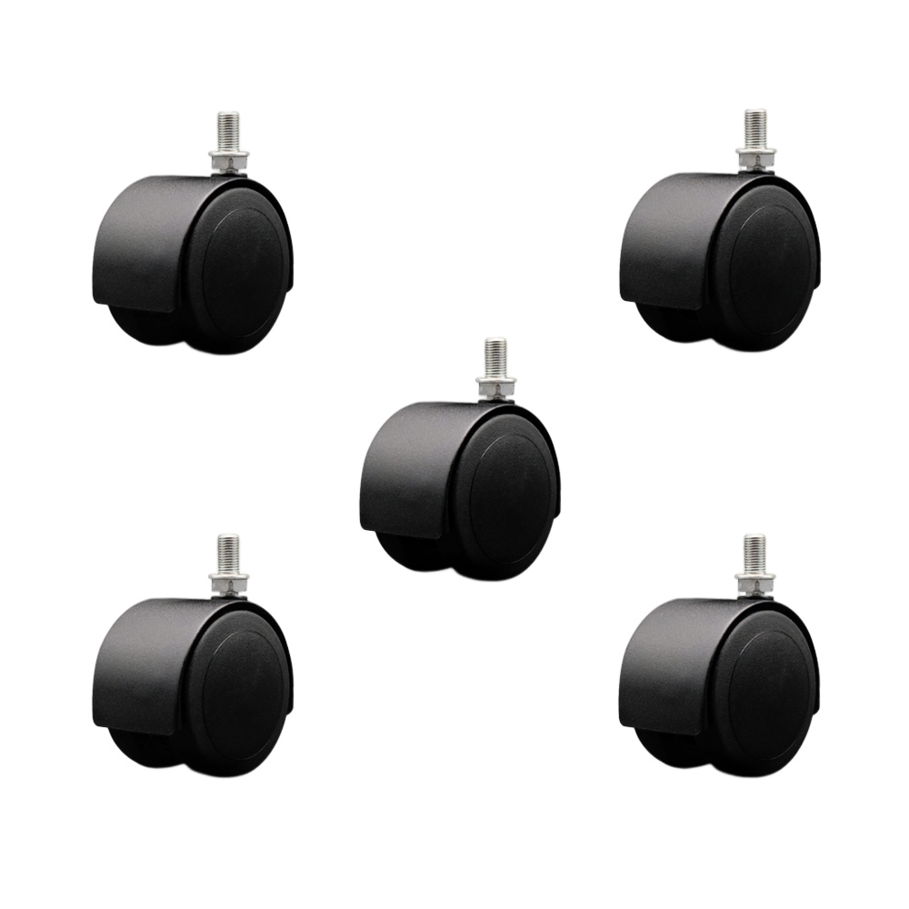 2-3/8 Inch Floor Safe Office Chair Wheels – Flat Black Metal Hooded Twin Wheel – 3/8" - 24 TPI x 5/8" Threaded Stems – 500 lbs. Total Capacity – Set of 5 – Service Caster Brand — photo 1