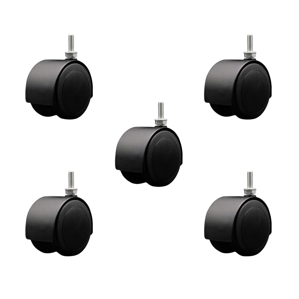 2-3/8 Inch Floor Safe Office Chair Wheels – Flat Black Metal Hooded Twin Wheel – 5/16" - 18 TPI x 7/8" Threaded Stems – 500 lbs. Total Capacity – Set of 5 – Service Caster Brand — photo 1