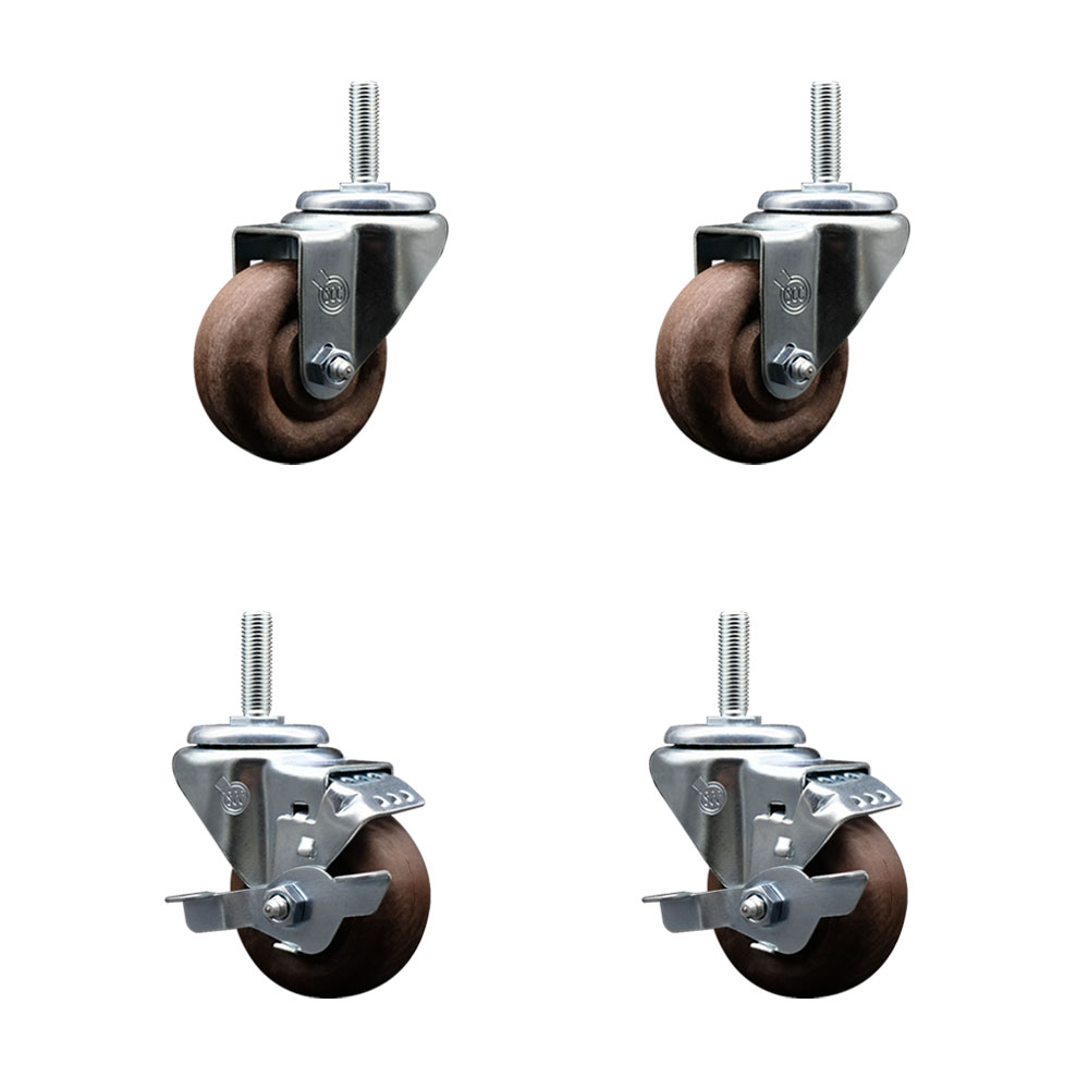 High Temp Glass Filled Nylon Swivel Threaded Stem Caster Set of 4 w/3" x 1.25" Brown Wheels and 5/8" Stems - Includes 2 with Top Locking Brake - 1400 lbs Total Capacity - Service Caster Brand — photo 1