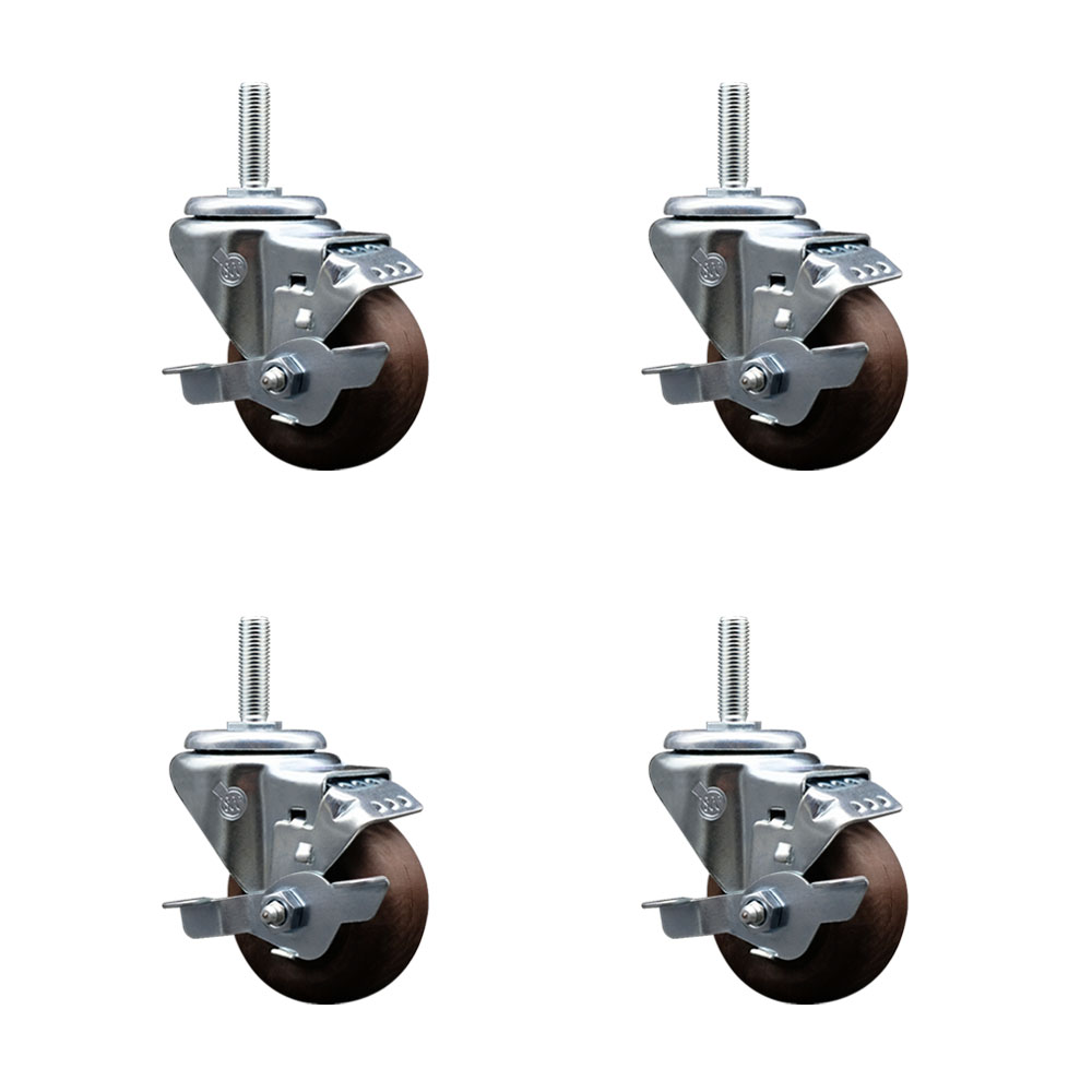 High Temp Glass Filled Nylon Swivel Threaded Stem Caster Set of 4 w/3" x 1.25" Brown Wheels and 5/8" Stems - Includes 4 with Top Lock Brakes - 1400 lbs Total Capacity - Service Caster Brand — photo 1