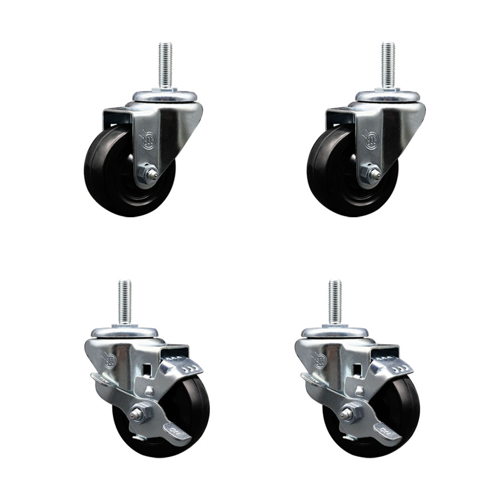 Soft Rubber Swivel Threaded Stem Caster Set of 4 w/3" x 1.25" Black Wheels and 3/4" Stems - Includes 2 with Top Locking Brake - 700 lbs Total Capacity - Service Caster Brand — photo 1