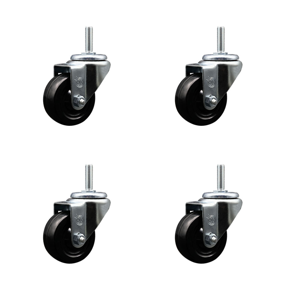 Soft Rubber Swivel Threaded Stem Caster Set of 4 w/3" x 1.25" Black Wheels and 3/4" Stems - Includes 4 Swivel - 700 lbs Total Capacity - Service Caster Brand — photo 1