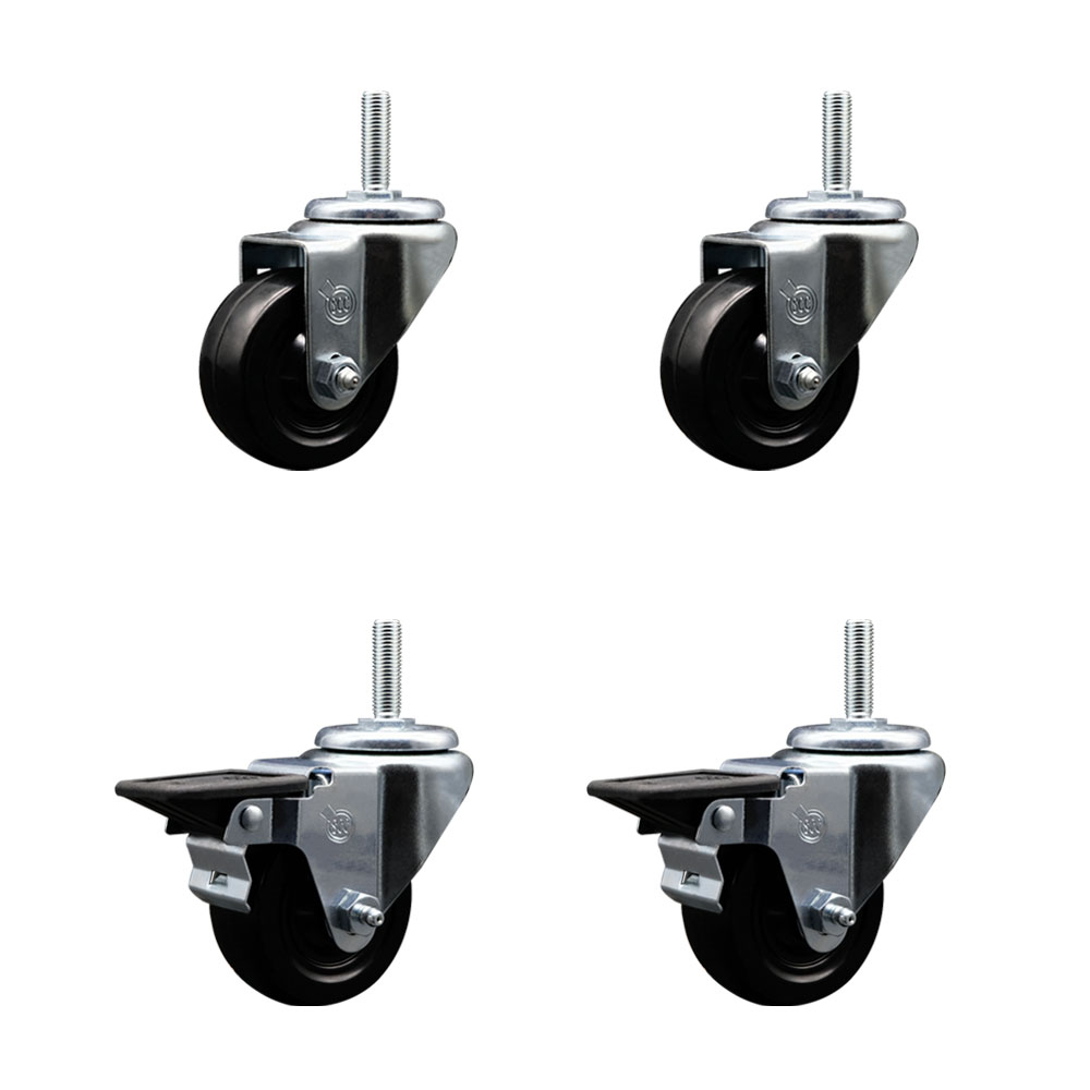 Hard Rubber Swivel Threaded Stem Caster Set of 4 w/3" x 1.25" Black Wheels and 5/8" Stems - Includes 2 with Posi Locking Brake - 1,100 lbs Total Capacity - Service Caster Brand — photo 1