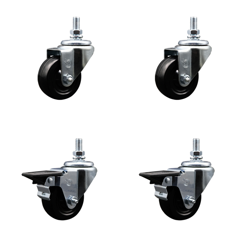 Hard Rubber Swivel Threaded Stem Caster Set of 4 w/3" x 1.25" Black Wheels and 10MM Stems - Includes 2 with Posi Locking Brake - 1,100 lbs Total Capacity - Service Caster Brand — photo 1