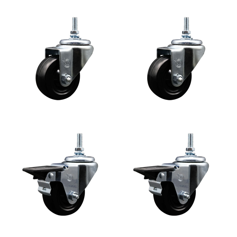 Hard Rubber Swivel Threaded Stem Caster Set of 4 w/3" x 1.25" Black Wheels and 12MM Stems - Includes 2 with Posi Locking Brake - 1,100 lbs Total Capacity - Service Caster Brand — photo 1