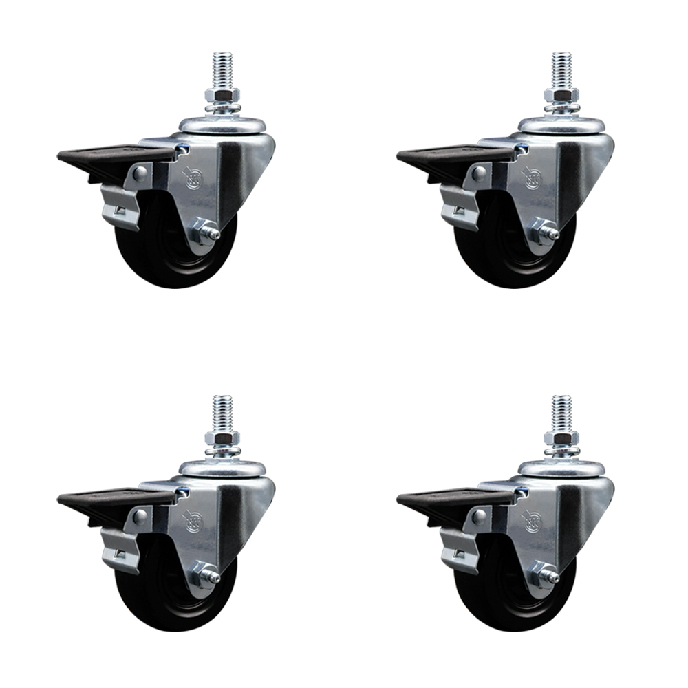 Hard Rubber Swivel Threaded Stem Caster Set of 4 w/3" x 1.25" Black Wheels and 1/2" Stems - Includes 4 with Posi Lock Brakes - 1,100 lbs Total Capacity - Service Caster Brand — photo 1