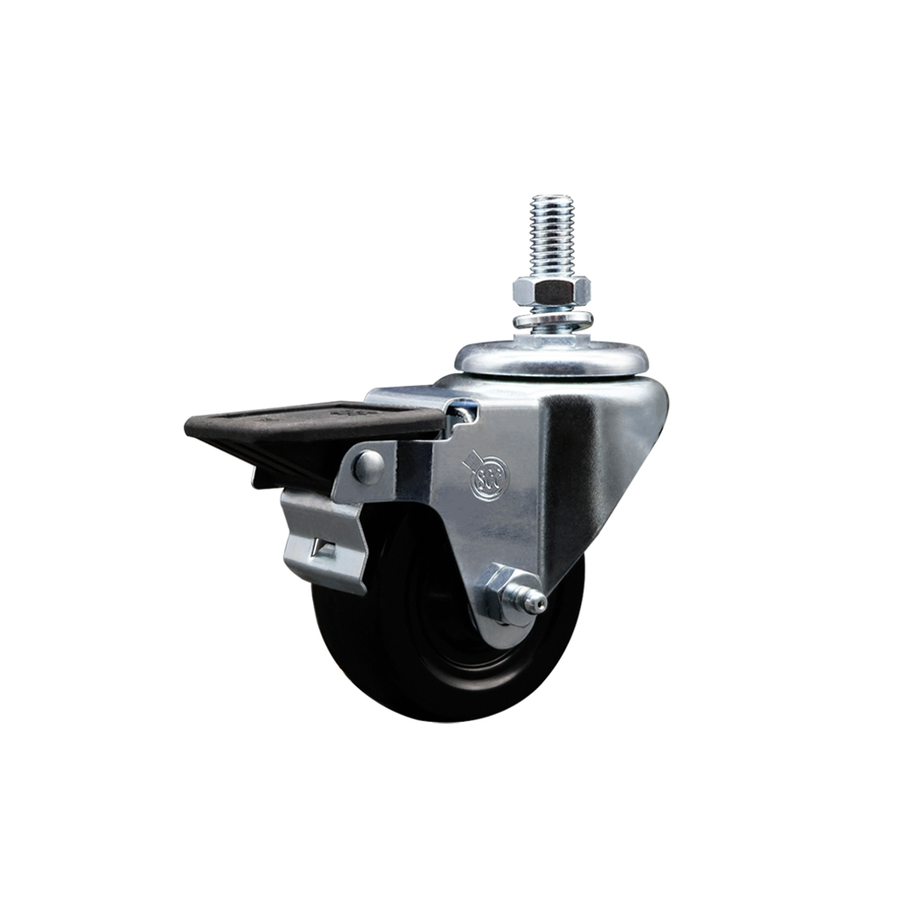 Hard Rubber Swivel Threaded Stem Caster w/3" x 1.25" Black Wheel and 1/2" Stem & Posi Locking Brake - 275 lbs Capacity/Caster - Service Caster Brand — photo 1